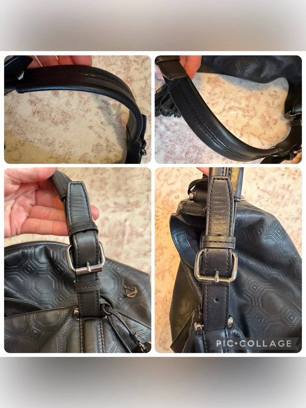 Vince Camuto Signature Black Embossed Leather Hobo Bag with Removable Tassels